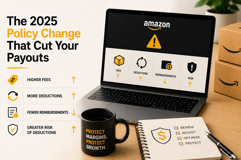 Amazon seller policy update graphic showing fee increases, reduced reimbursements, higher deductions, and the impact of 2025 Amazon policy changes on seller profitability.