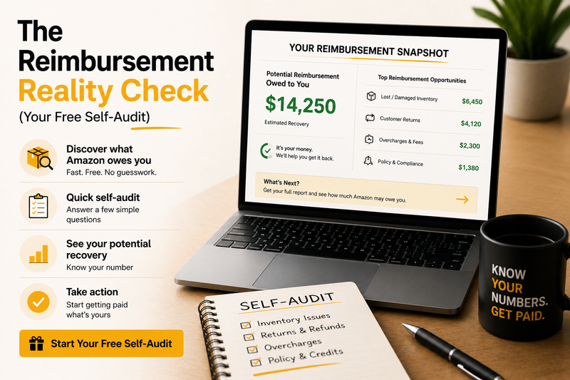 Amazon reimbursement self-audit for sellers showing recovery opportunities, lost inventory analysis, refund reviews, fee audits, and reimbursement claim tracking.