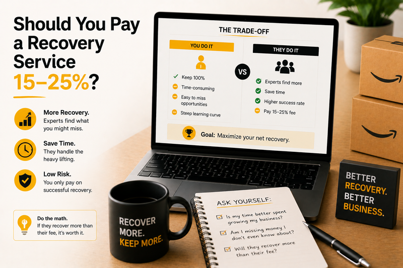 Amazon reimbursement recovery service comparison showing the pros and cons of paying a percentage-based recovery fee versus managing reimbursement claims in-house.