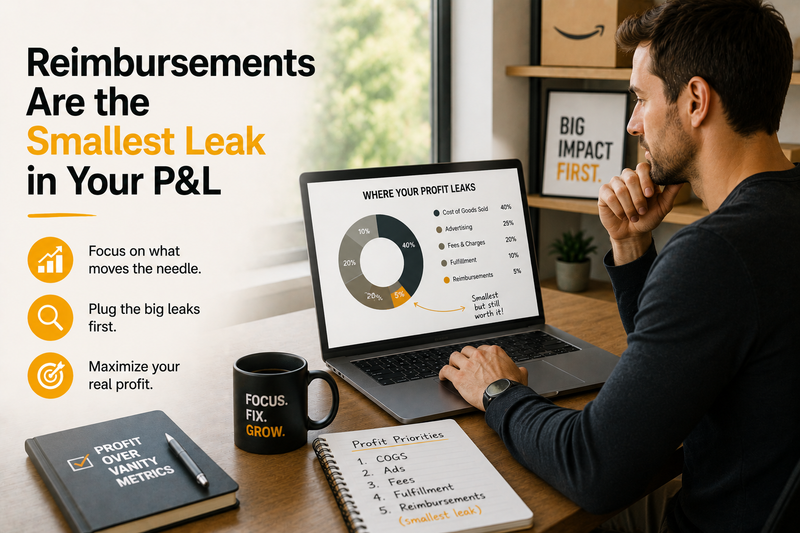 Amazon seller profit analysis showing how advertising costs, Amazon fees, fulfillment expenses, and COGS have a larger impact on profitability than reimbursement recovery alone.