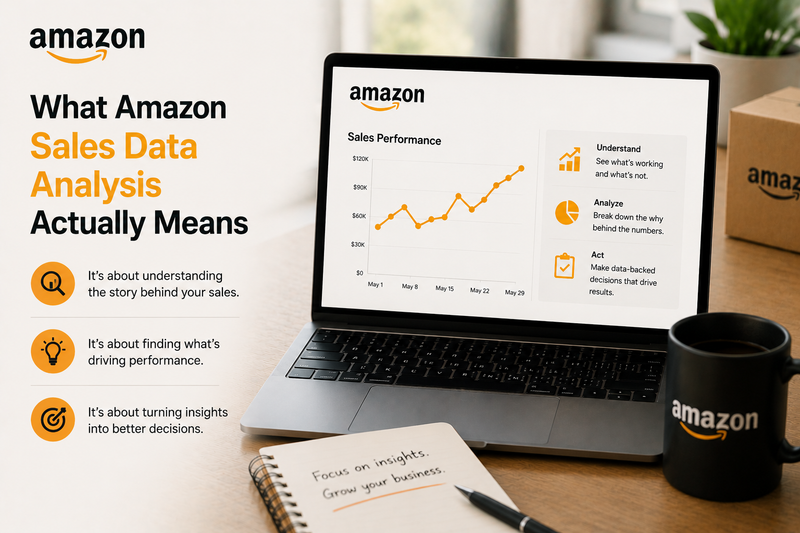 Laptop screen explaining what Amazon sales data analysis means with sales performance chart