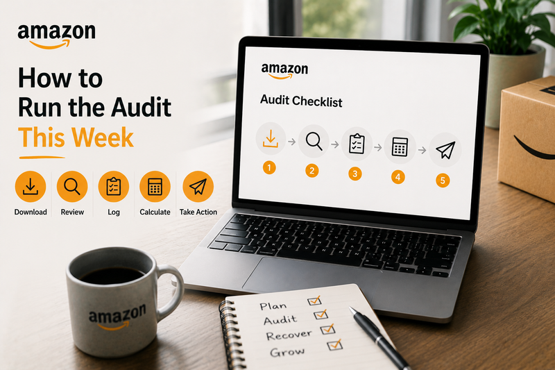 Amazon audit checklist showing 5-step process to download, review, log, calculate, and act