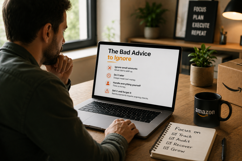 Laptop screen listing common bad Amazon seller advice to ignore with checkmarks for correct actions