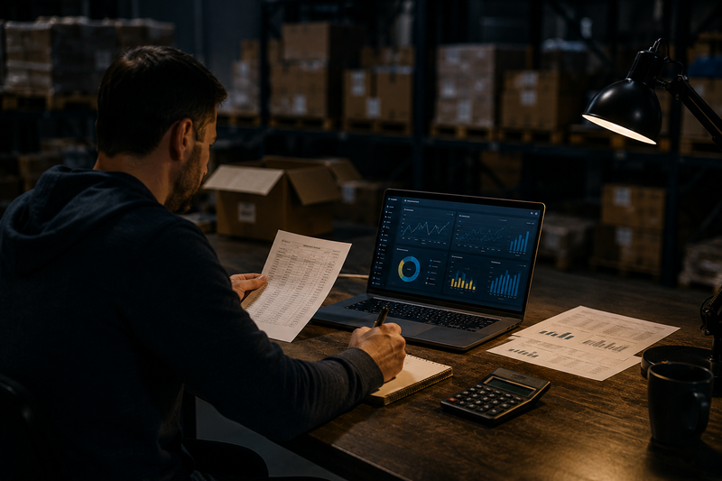 Seller reviewing inventory performance and monthly business reports in a warehouse office to identify margin trends, returns, and profit issues before they impact cash flow.