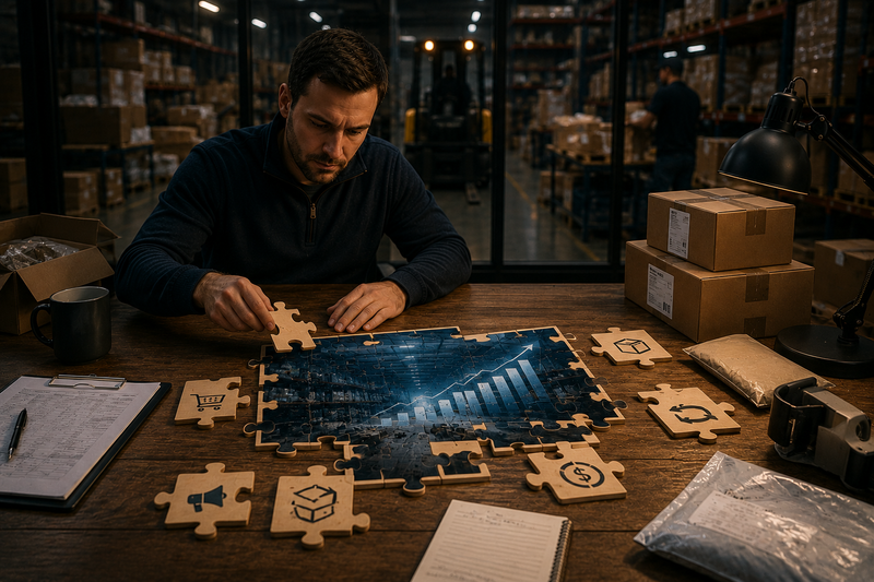 Amazon seller assembling an incomplete business picture, highlighting the missing costs needed to calculate true profit.
