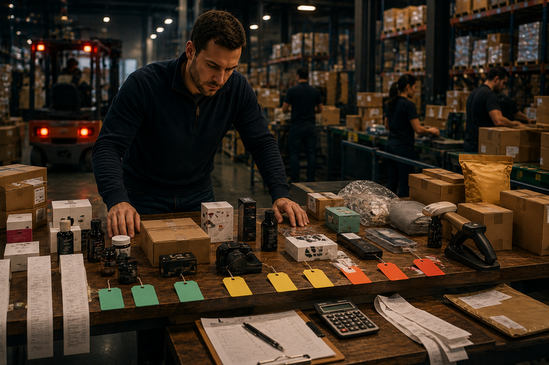 Amazon seller sorting inventory by profitability while reviewing fees, returns, and advertising costs in a warehouse office.