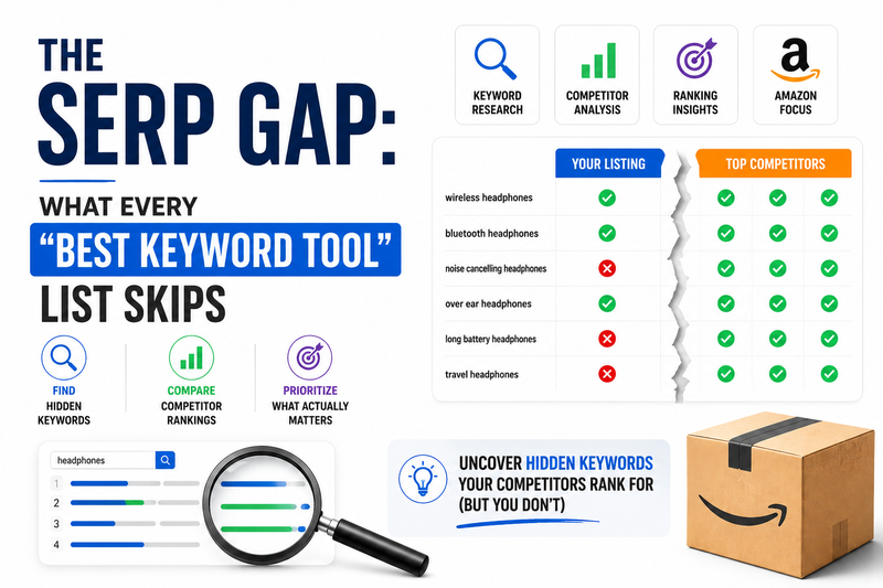 Clean infographic-style thumbnail about Amazon keyword research and competitor analysis. Large headline reads “The SERP Gap: What Every ‘Best Keyword Tool’ List Skips.” A side-by-side comparison table shows keyword opportunities missed by one listing but captured by competitors, highlighted by red and green status indicators. Supporting visuals include search, ranking, and analytics icons, a keyword tracking dashboard, a magnifying glass examining search results, and an Amazon shipping box. The design uses a minimal white background with blue, orange, and green accents to emphasize hidden keyword gaps and competitive ranking opportunities.