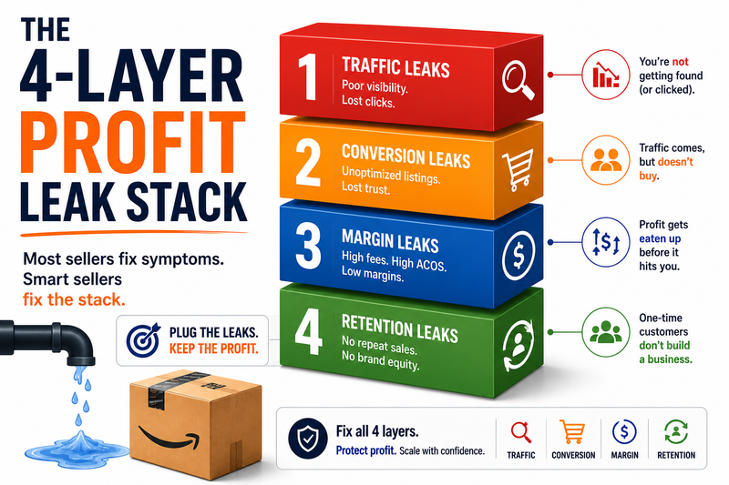 The 4-Layer Profit Leak Stack infographic for Amazon sellers showing Traffic Leaks, Conversion Leaks, Margin Leaks, and Retention Leaks. Visual framework explains hidden profit loss from low visibility, poor conversion rates, high Amazon fees, PPC costs, and weak customer retention, helping sellers identify and fix revenue leaks to improve Amazon profitability.