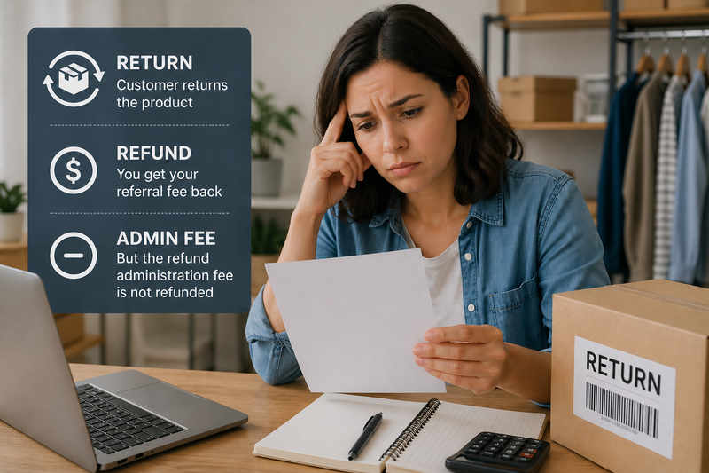 A concerned seller reviewing a blank document at a desk beside a return package, highlighting the stress of hidden refund fees.