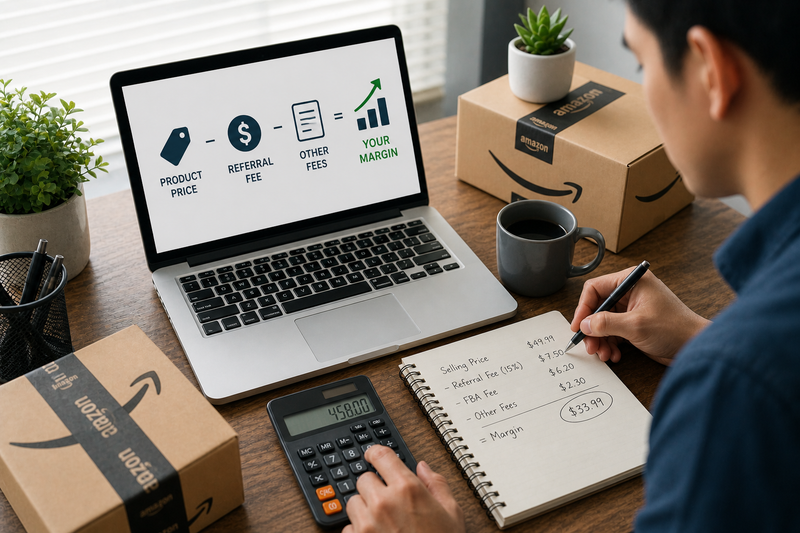 Seller calculating Amazon fees on a desk with packages and a laptop, analyzing costs to improve profit margins.