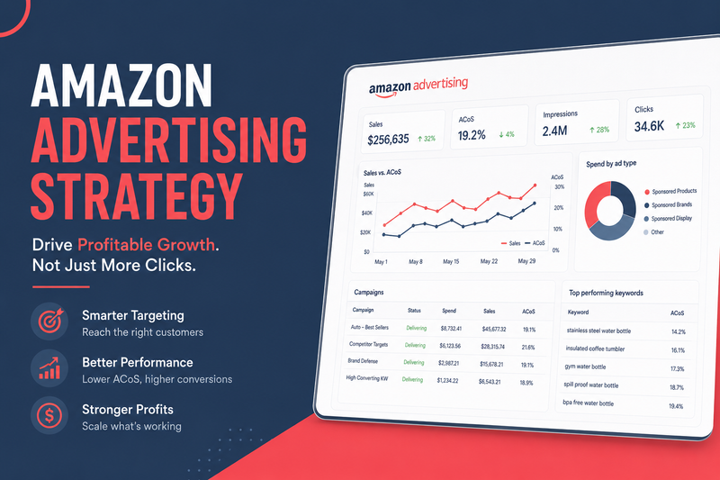 Modern Amazon advertising dashboard with campaign analytics, sales graphs, and performance metrics in coral pink and navy blue theme.