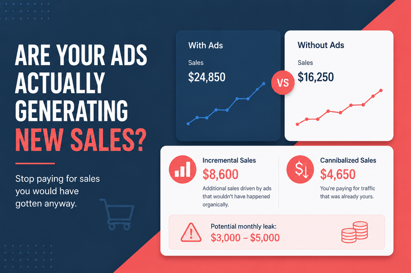 Amazon advertising analytics graphic comparing ad-driven sales versus organic sales with dashboard metrics and revenue leak insights in navy blue and coral colors.