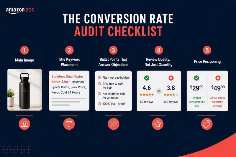 Minimal Amazon conversion rate audit checklist graphic with product image, keyword, reviews, and pricing optimization elements in navy blue and coral colors.