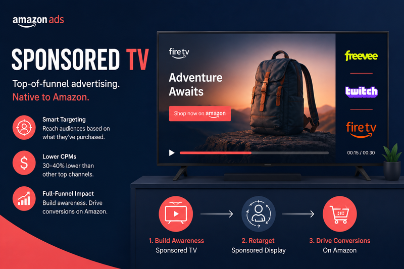 Minimal Sponsored TV advertising graphic with streaming TV screen, Amazon ad platforms, and full-funnel marketing icons in navy blue and coral colors.