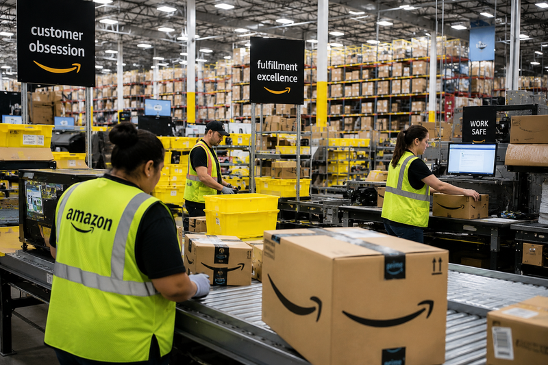 Amazon FBA warehouse with inventory boxes on shelves