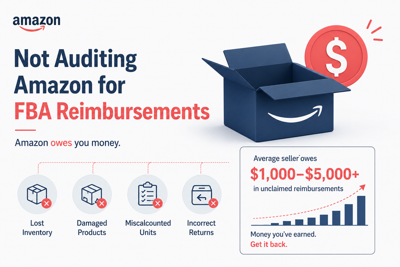 Minimal Amazon FBA reimbursements graphic with shipping box, refund icons, and unclaimed reimbursement stats in coral pink and navy blue colors.