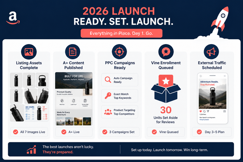 Amazon product launch checklist graphic with listing setup, PPC campaigns, Vine reviews, and external traffic strategy in coral pink and navy blue colors.