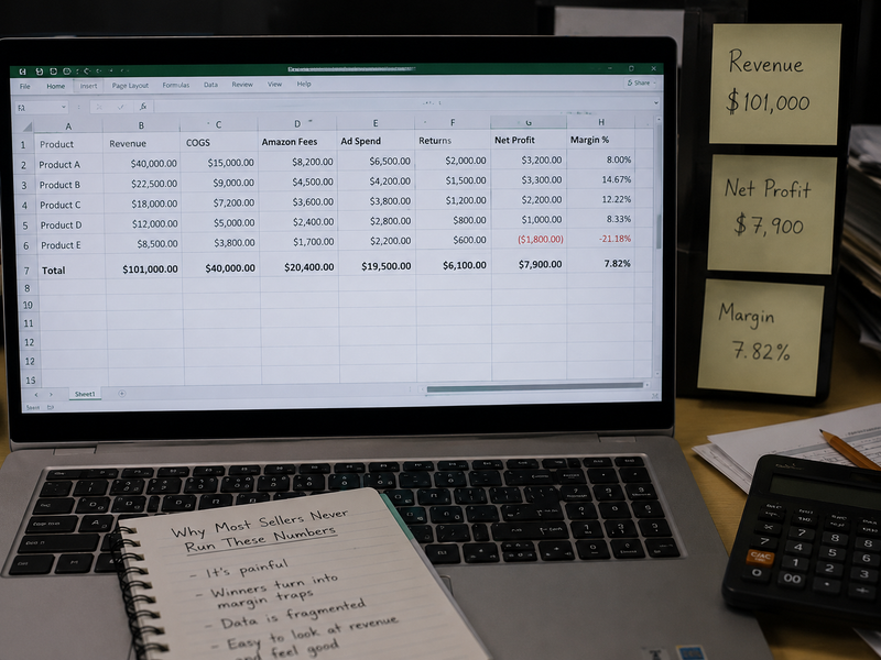 Spreadsheet showing per-product Amazon revenue, fees, ad spend, and net profit margin breakdown