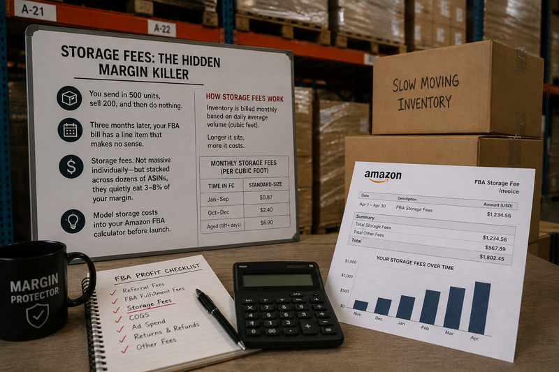 Amazon FBA storage fees invoice showing $1,802.45 total charge with monthly fee breakdown and storage fees over time chart