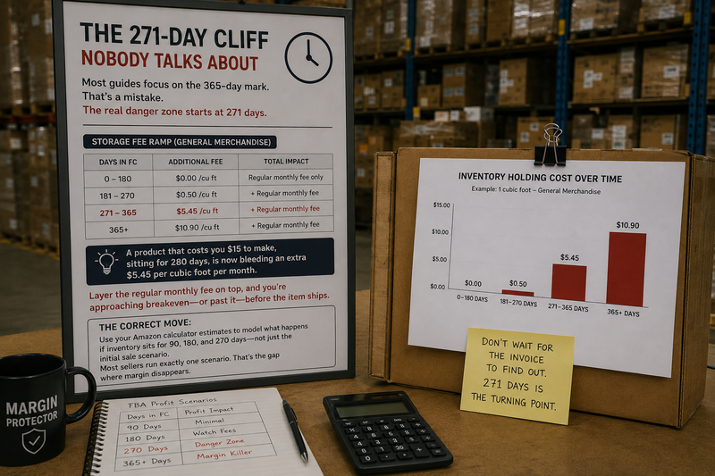 The 271-day cliff storage fee ramp showing $5.45 per cubic foot surcharge at 271-365 days rising to $19.90 at 365+ days for Amazon FBA sellers
