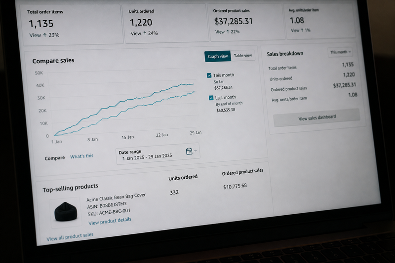 Amazon Seller Central dashboard showing order items, units ordered, and revenue comparison