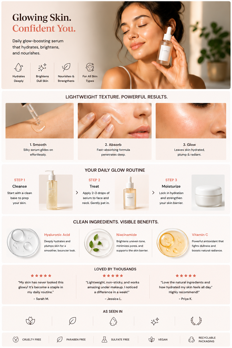 Alt text: Example Amazon A+ Content layout for a skincare serum featuring lifestyle imagery, texture demonstrations, skincare routine steps, ingredient highlights, customer reviews, and trust-building product benefits.