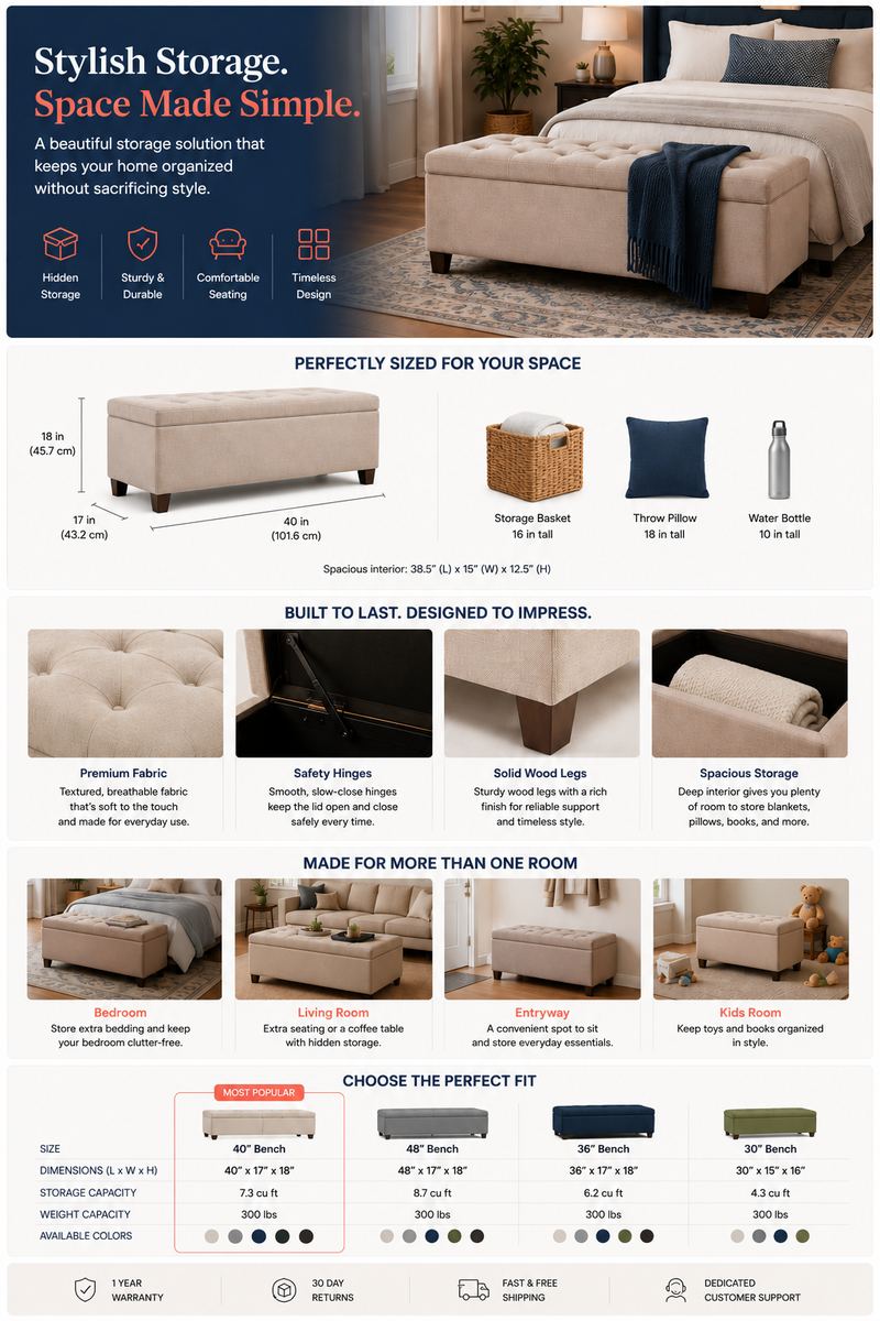 Example Amazon A+ Content layout for a storage ottoman bench featuring room lifestyle imagery, size and dimension comparison, material close-ups, multi-room use cases, and product variant comparison chart.