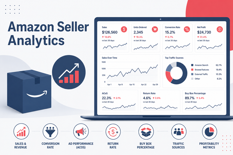 Amazon Seller Analytics dashboard with sales, conversion, traffic, and profitability metrics visualized through charts and graphs in a modern business setting.