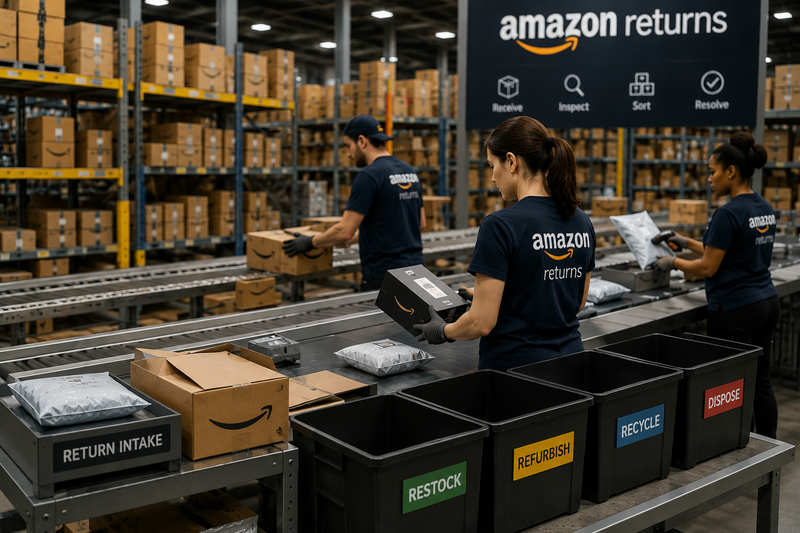 Amazon returns warehouse with workers sorting returned packages into restock, refurbish, recycle, and disposal bins on a conveyor system.