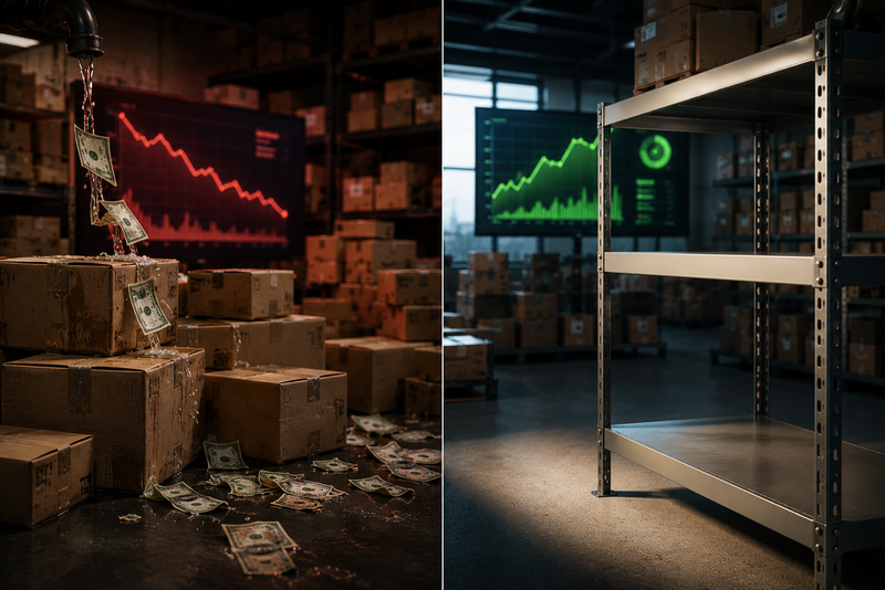 Professional Amazon FBA inventory workspace showing the contrast between cash-draining low-margin stock and a profitable SKU that needs replenishment.