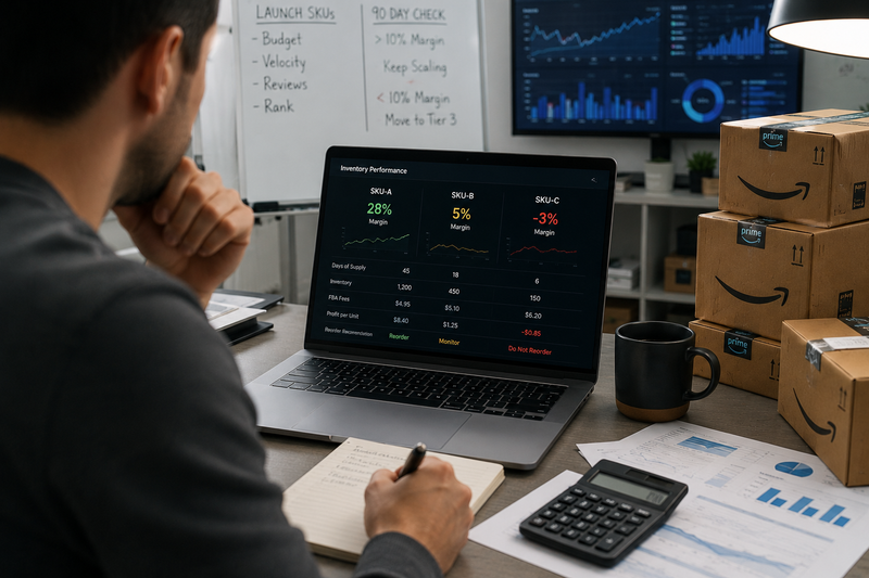 Professional Amazon FBA seller reviewing a new product launch on a laptop, analyzing inventory performance, profit margins, and reorder decisions in a modern ecommerce workspace surrounded by shipping boxes, reports, and business analytics.