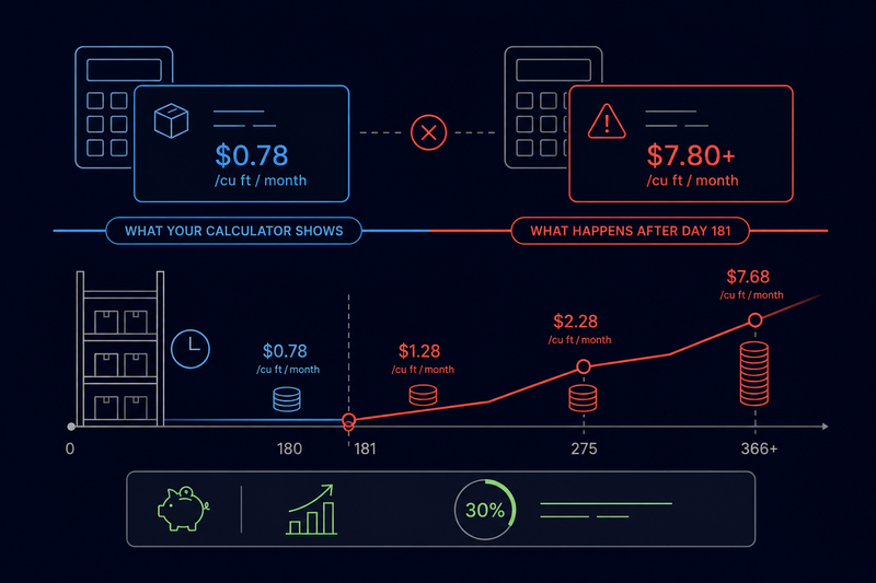 Dark warehouse inventory shelves with stacked cartons, thin-line icons, and a timeline visual showing storage costs rising sharply as inventory ages past 181 days.
