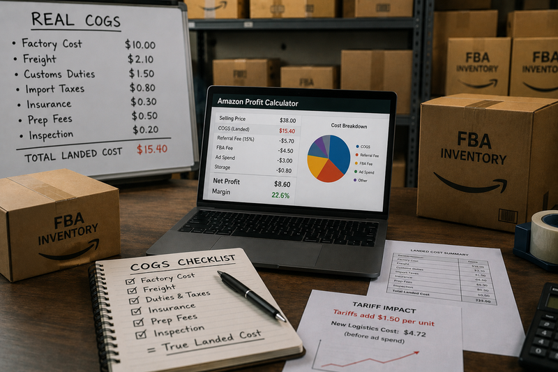 Amazon FBA inventory workspace with stacked shipping cartons, a laptop showing profit analysis, and documents representing landed costs such as freight, duties, taxes, inspections, and logistics expenses, highlighting the hidden costs behind real product profitability.