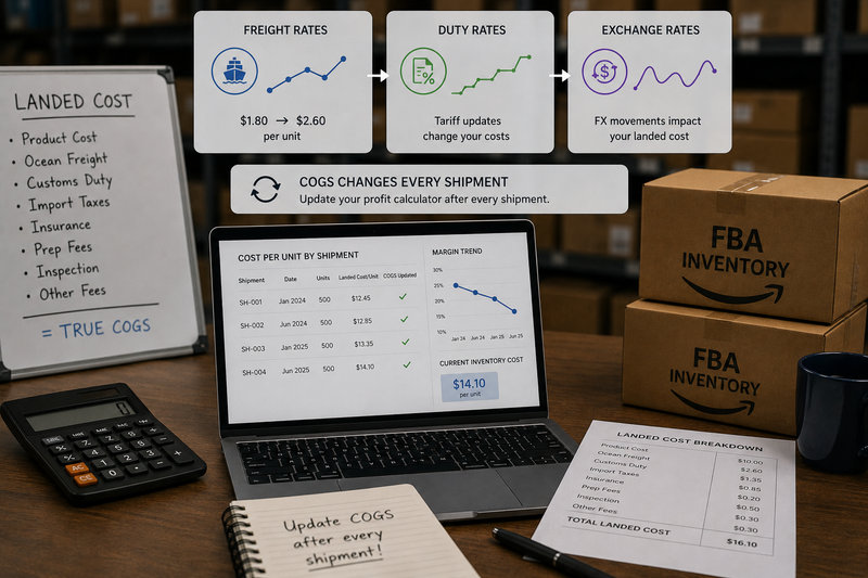 Amazon FBA inventory management workspace with stacked cartons, shipment cost documents, a laptop displaying batch-level cost tracking, and logistics materials representing changing freight rates, duties, exchange rates, and landed costs that affect real product margins over time.