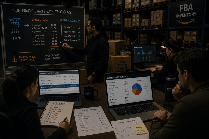 Dark Amazon FBA warehouse workspace with inventory shelves, cartons, and a team reviewing product costs around a table. A large cost-analysis board, laptops with profitability dashboards, and shipment documents illustrate the difference between factory price and true landed COGS for accurate profit calculations.
