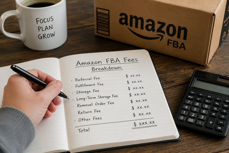 Person reviewing Amazon FBA fee breakdown with calculator, notebook ...