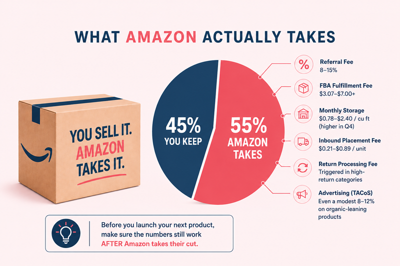 Alt text: Minimal infographic showing how Amazon takes 55% of FBA revenue through fees, with a pink and navy pie chart and Amazon fee breakdown.