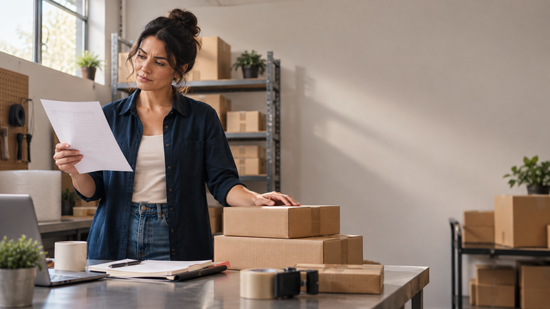 Amazon seller reviewing a printed sales report in a stockroom, unsure of her real profit per product