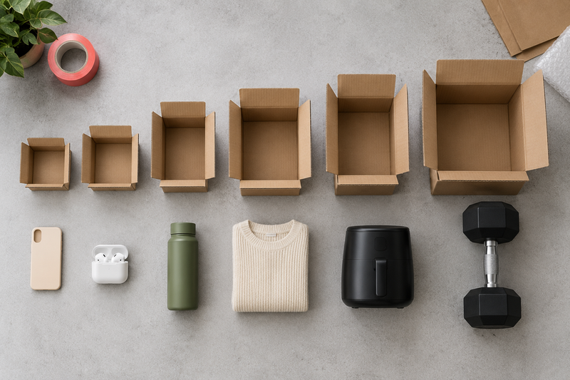 Six Amazon products of different sizes and weights on a packing bench, each carrying a different fee load