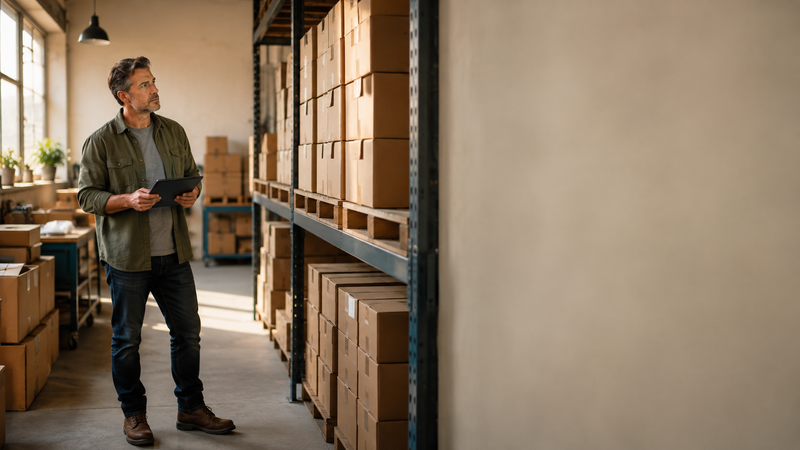 Waterhouse worker reviewing identical bulk inventory boxes for amazon wholesale reselling