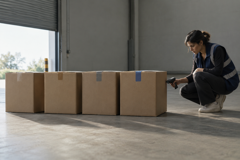 Four identical unbranded cartons in a row in a warehouse, showing multiple Amazon wholesale sellers on one shared listing.