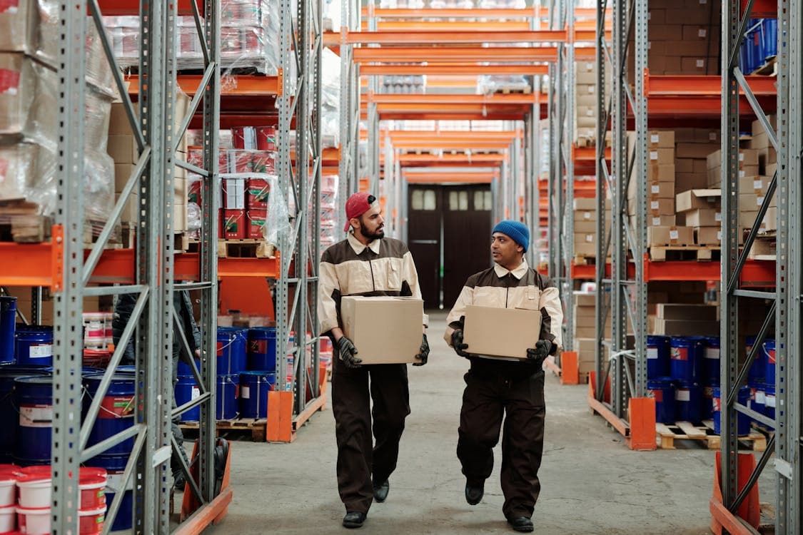 FBA warehouse fulfillment center showing inventory and packages