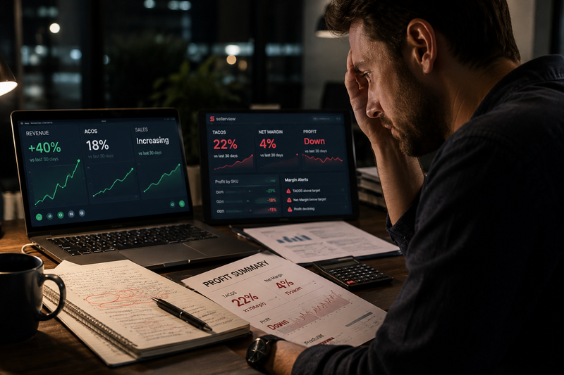 Amazon seller analyzing growing sales and declining profit in a late-night workspace.