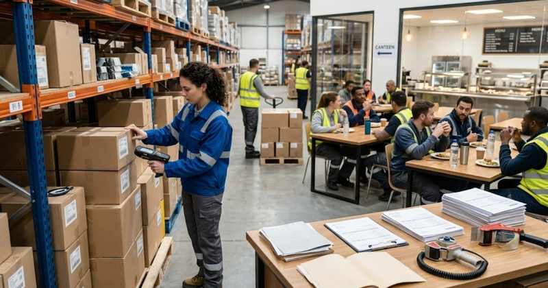 A warehouse worker scans barcode labels on boxed inventory near a desk with paperwork, while other workers eat in an adjacent open-concept canteen.