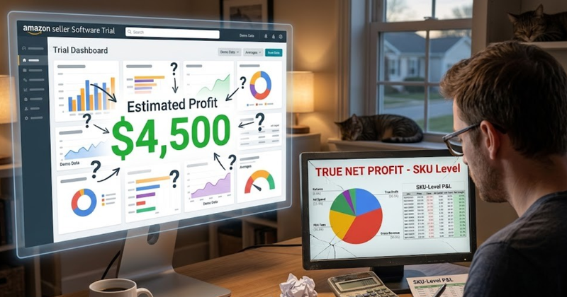 An Amazon seller compares a software trial dashboard displaying a misleading "Estimated Profit" against a second monitor showing actual SKU-level net profit data.