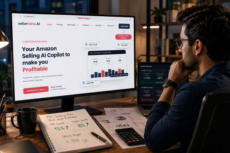 Amazon seller analyzing PPC growth and organic sales trends on a profitability dashboard.