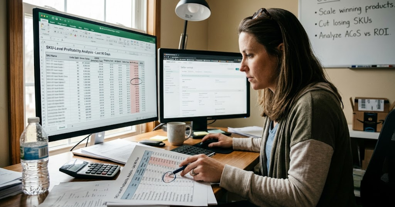 A professional woman working at her desk, analyzing a detailed "SKU-Level Profitability Analysis" spreadsheet on a dual-monitor setup to identify winning and losing products.