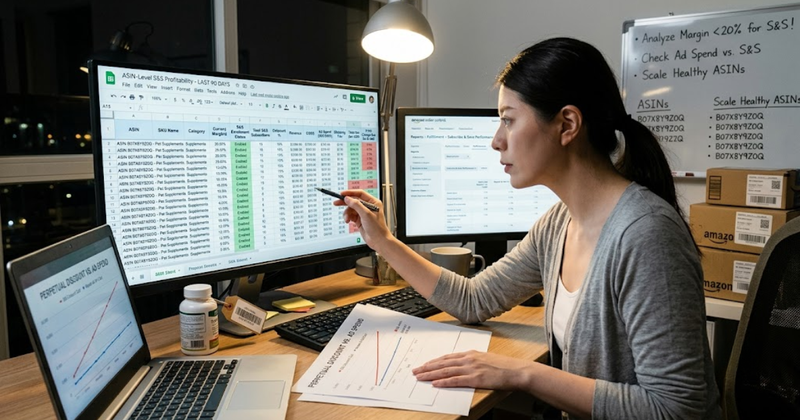 An Amazon FBA seller cross-referencing ASIN profit margins and subscription costs across spreadsheets, printed charts, and a laptop during a late-night session.