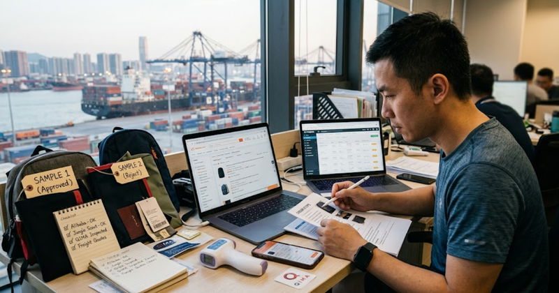 An entrepreneur at a desk with two laptops, analyzing data and product samples, with a busy shipping port visible out the window.