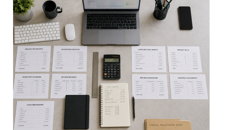 Organized overhead workspace with categorized Amazon seller financial documents, calculator, notebook, and a blurred laptop illustrating fragmented business data.